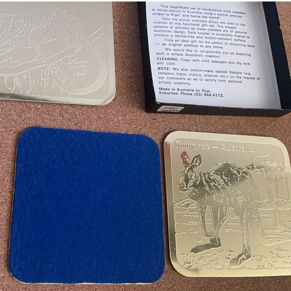 Vintage Australian Riga Gold Etched Coasters Animal Drinking Paul Stephan-Daly
